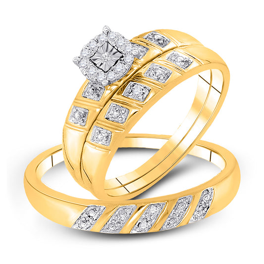 10K Yellow Gold His Hers Round Diamond Solitaire Matching Wedding Set 1/10 Cttw, Womens Size: 5-10, Mens Size: 7-13
