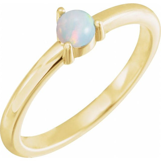 14K Yellow Gold Round 4 Mm Polished Natural White Opal Cabochon 3-Prong Ring, Size 7