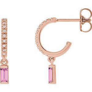14K Rose Gold Straight Baguette 4 X 2 Mm Natural Pink Sapphire And .08 Ctw Natural Diamond French-Set Dangle Hoop Earrings
