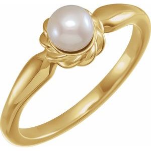 14K Yellow Gold Cultured White Freshwater Pearl Pearl 5.0-5.5 Mm Polished Cultured White Freshwater Button Pearl Halo Rope Ring Size 7