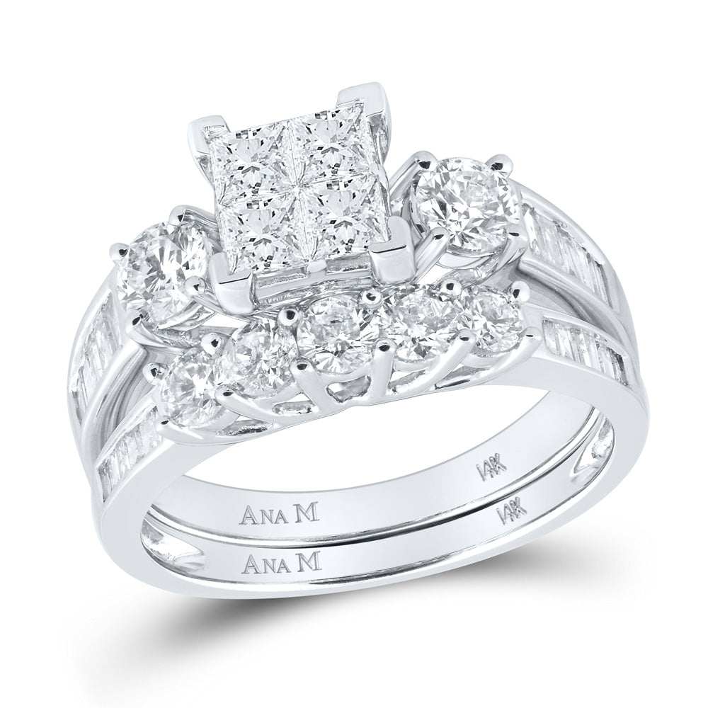 14K White Gold Princess Diamond Cluster Bridal Wedding Ring Band Set 2 Cttw, Womens Size: 5-10