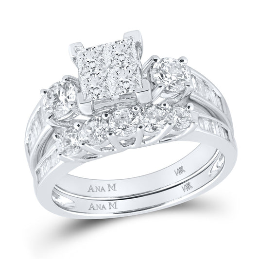 14K White Gold Princess Diamond Cluster Bridal Wedding Ring Band Set 2 Cttw, Womens Size: 5-10