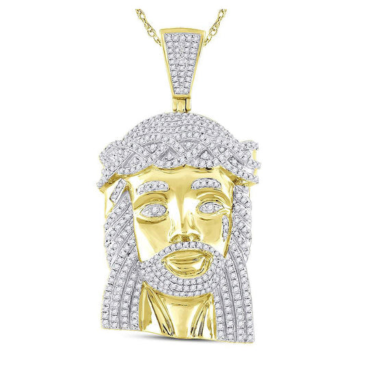 10K Yellow Gold Mens Round Diamond Jesus Face Charm Pendant 1-5/8 Cttw, Length: 2.01 In, Width: 1 In