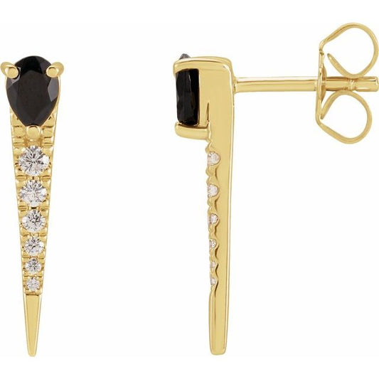 14K Yellow Gold Pear 4 X 3 Mm Friction Back Polished Natural Black Onyx And 1/8 Ctw Natural Diamond Spike Earrings