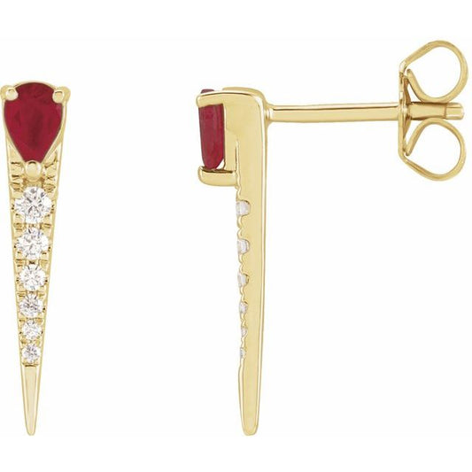 14K Yellow Gold Pear 4 X 3 Mm Friction Back Polished Natural Ruby And 1/8 Ctw Natural Diamond Spike Earrings
