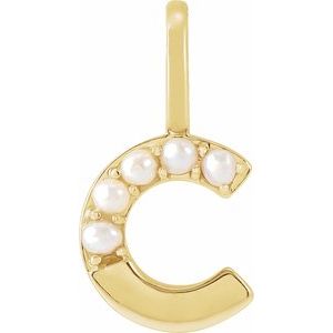 14K Yellow Gold Initial C Pearl 2 Mm Cultured White Freshwater Pearl Initial Pendant