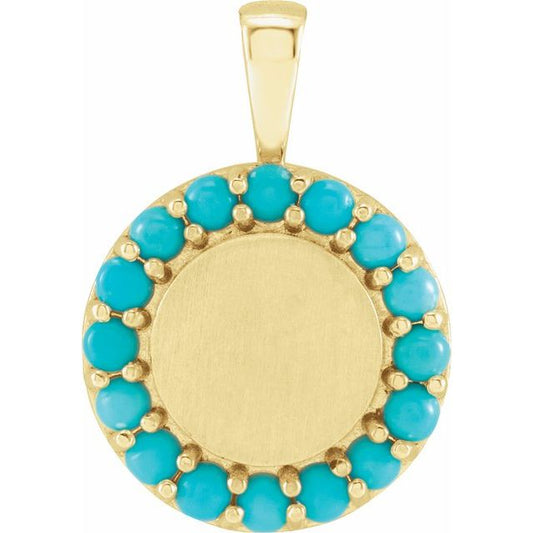 14K Yellow Gold Round  2 Mm Polished Natural Turquoise Engravable Halo-Style Pendant