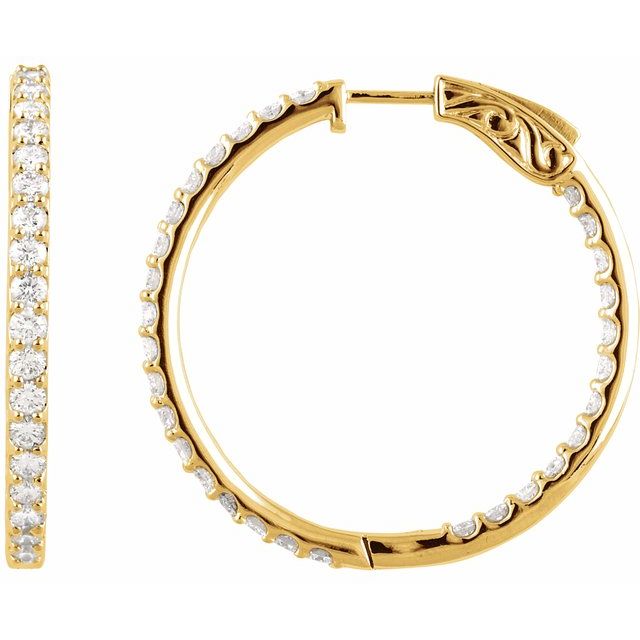 14K Yellow Gold Round 34.5 Mm 2.5 Mm 2.4Mm I1, H+ Pair Hinged Polished 3 Ctw Natural Diamond Inside-Outside Hinged Hoop Earrings