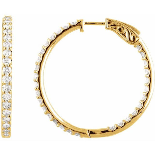 14K Yellow Gold Round 34.5 Mm 2.5 Mm 2.4Mm I1, H+ Pair Hinged Polished 3 Ctw Natural Diamond Inside-Outside Hinged Hoop Earrings