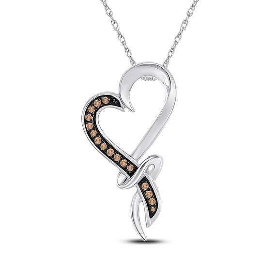 10K White Gold Womens Round Brown Diamond Heart Pendant 1/10 Cttw, Length: 1.06 In, Width: 0.56 In