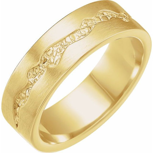 10K Yellow Gold 6 Mm Polished Nugget Patterned Inlay Standard-Fit Flat Band With Satin Finish, Size 10