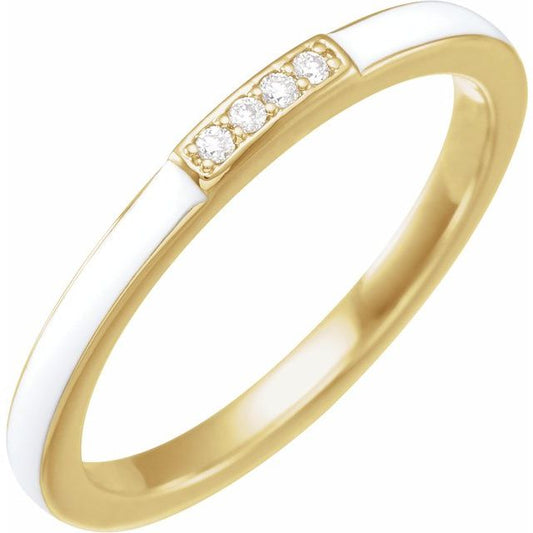 14K Yellow Or White Or Rose Gold 1.8 Mm Polished .03 Ctw Natural Diamond White Enamel Stackable Ring, Size 7