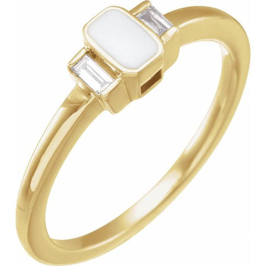 14K Yellow Gold Polished .08 Ctw Natural Diamond And White Enamel Ring, Size 7