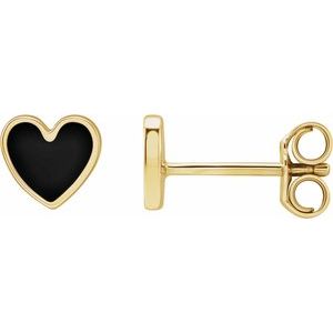14K Yellow Gold 5.88 Mm Black Enamel Friction Back Heart Stud Earrings