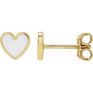 14K Yellow Gold 5.88 Mm White Enamel Friction Back Heart Stud Earrings