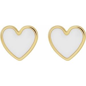 14K Yellow Gold 5.88 Mm White Enamel Friction Back Heart Stud Earrings