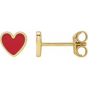14K Yellow Gold 5.88 Mm Red Enamel Friction Back Heart Stud Earrings