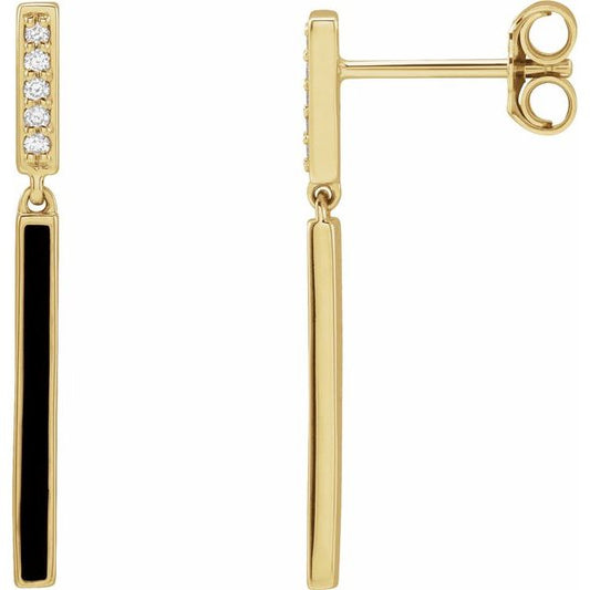 14K Yellow Gold 25.26 Mm Round 1.1 Mm Pair Friction Back Polished .06 Ctw Natural Diamond Black Enamel Bar Drop Earrings