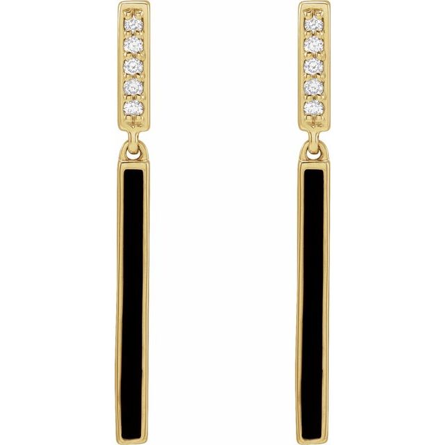 14K Yellow Gold 25.26 Mm Round 1.1 Mm Pair Friction Back Polished .06 Ctw Natural Diamond Black Enamel Bar Drop Earrings
