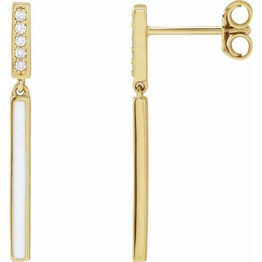 14K Yellow Or Rose Gold 25.26 Mm Round 1.1Mm Pair Friction Back Polished .06 Ctw Natural Diamond White Enamel Bar Drop Earrings