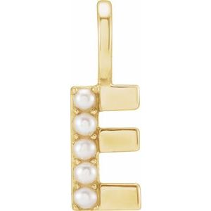 14K Yellow Gold Initial E Pearl 2 Mm Cultured White Freshwater Pearl Initial Pendant
