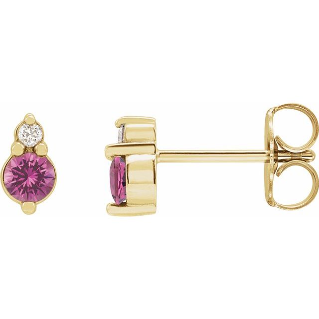 14K Yellow Gold 3 Mm Friction Back Polished Natural Pink Sapphire And .03 Ctw Natural Diamond Earrings