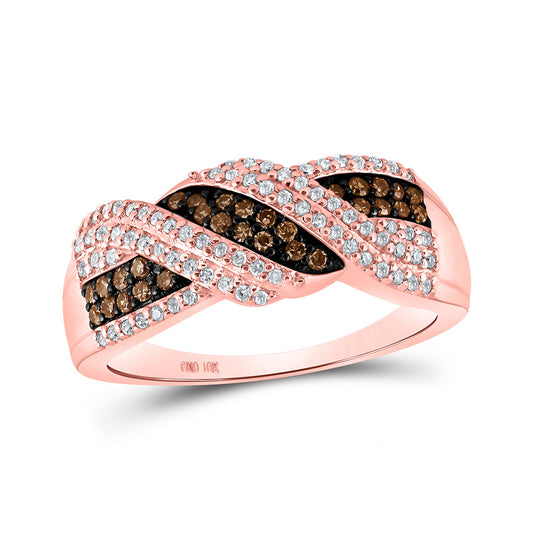 10K Rose Gold Womens Round Brown Diamond Crossover Band Ring 3/8 Cttw, Womens Size: 5-10