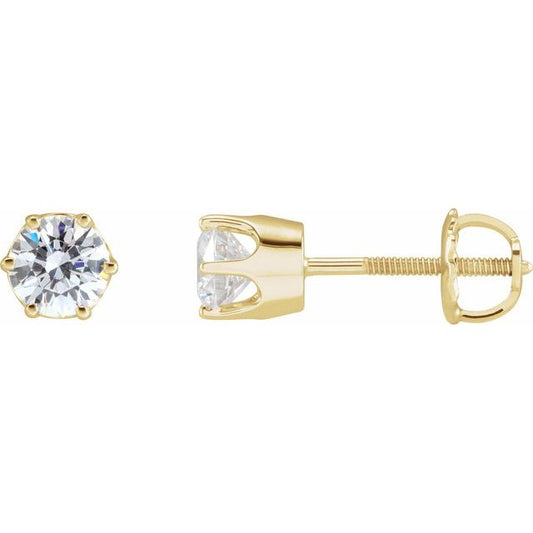 14K Yellow Gold Round Pair 4.4 Mm Threaded 6-Prong Polished Imitation White Cubic Zirconia Earrings
