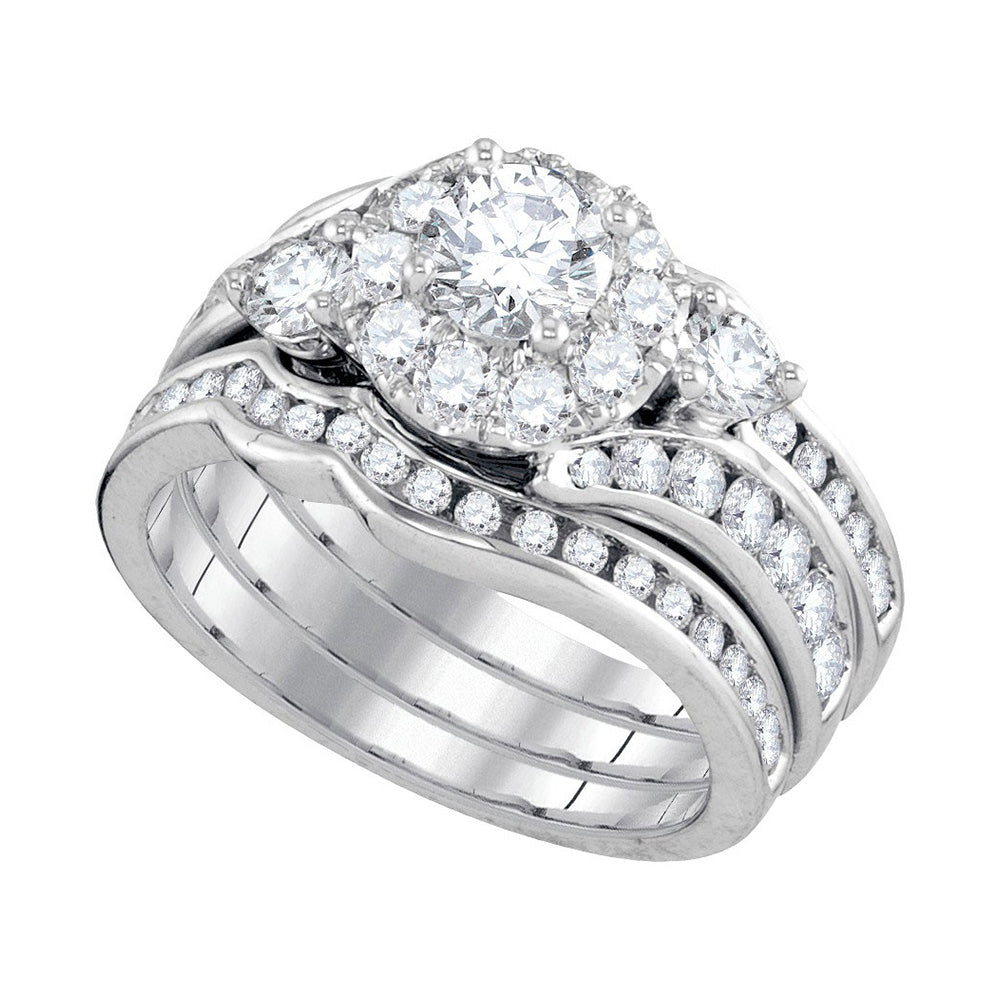 14K White Gold Round Diamond 3-Piece Bridal Wedding Ring Band Set 2 Cttw, Womens Size: 5-10