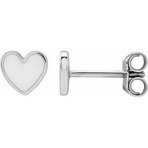 Sterling Silver 5.88 Mm White Enamel Friction Back Heart Stud Earrings