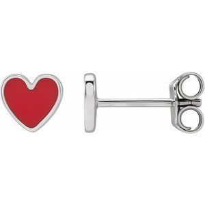 14K White Gold 5.88 Mm Red Enamel Friction Back Heart Stud Earrings