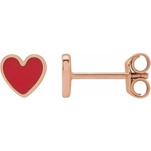 14K Rose Gold 5.88 Mm Red Enamel Friction Back Heart Stud Earrings