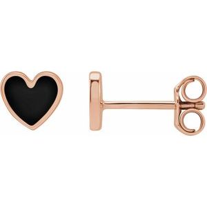14K Rose Gold 5.88 Mm Black Enamel Friction Back Heart Stud Earrings