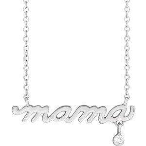 Sterling Silver Round 1.5Mm G-H I1 .015 Ct Natural Diamond Lowercase Script "Mama" Necklace, Length: 18 In