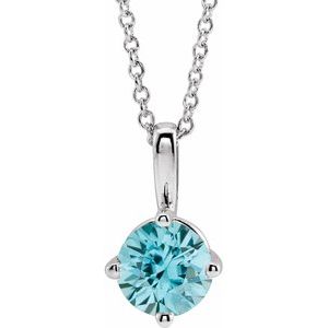 14K White Gold Round 4 Mm  Natural Blue Zircon Necklace, Length: 18 In