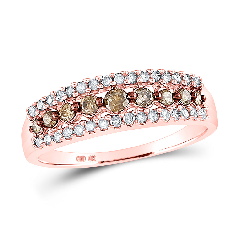 14K Rose Gold Womens Round Brown Diamond Triple Row Band Ring 1/2 Cttw, Womens Size: 5-10