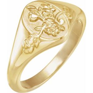 14K Yellow Gold Oval 10.1 X 7.6 Mm Bead Blast/Polished Polished Floral Signet Ring Size 7
