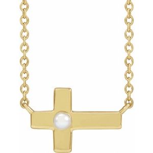 14K Yellow Gold Pearl 2 Mm  Cultured White Seed Pearl Sideways Cross Necklace, Length: 18 In