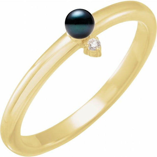 14K Yellow Gold 3 Mm Polished Cultured Pearl And .015 Ct Natural Diamond Ring, Size 7