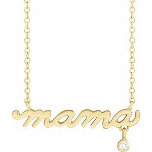 14K Yellow Gold Round 1.5Mm G-H I1 .015 Ct Natural Diamond Lowercase Script "Mama" Necklace, Length: 18 In
