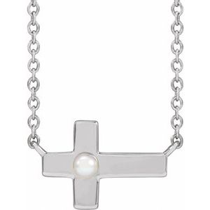 Sterling Silver Pearl 2 Mm  Cultured White Seed Pearl Sideways Cross Necklace, Length: 18 In