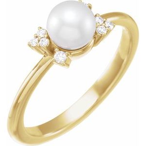 14K Yellow Gold  6.0-6.5 Mm Cultured White Akoya Pearl And .07 Ctw Natural Diamond Ring Size 7