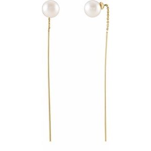 14K Yellow Gold 59 X 1 Mm Pair Backless Polished White Freshwater Cultured Pearl Threader Earrings