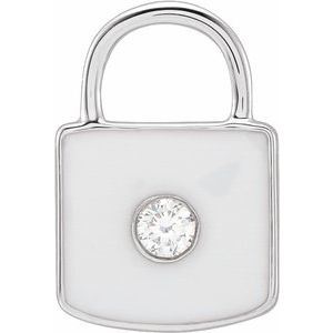 14K White Gold 11.67 X 9.72 Mm Polished .035 Ct Natural Diamond And White Enamel Lock Pendant
