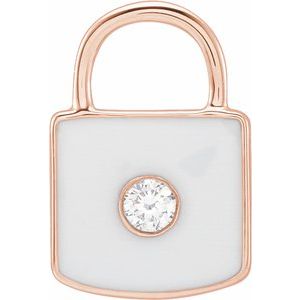 14K Rose Gold White 11.67 X 9.72 Mm Polished .035 Ct Natural Diamond And White Enamel Lock Pendant