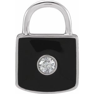 14K White Gold 11.67 X 9.72 Mm Polished .035 Ct Natural Diamond And Black Enamel Lock Pendant