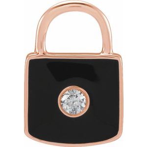 14K Rose Gold Black 11.67 X 9.72 Mm Polished .035 Ct Natural Diamond And Black Enamel Lock Pendant