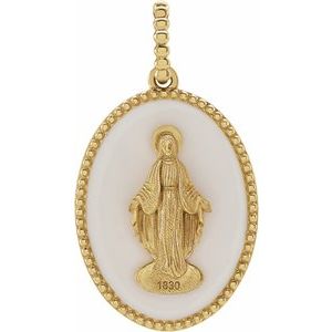 14K Yellow Gold White Enamel Polished White Enamel Miraculous Medal Pendant