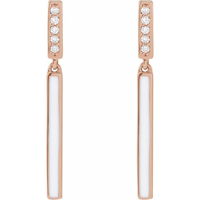 14K Yellow Or Rose Gold 25.26 Mm Round 1.1Mm Pair Friction Back Polished .06 Ctw Natural Diamond White Enamel Bar Drop Earrings