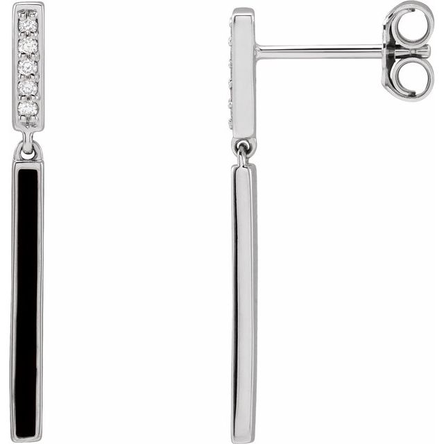 14K White Or Rose Gold 25.26 Mm Round 1.1Mm Pair Friction Back Polished .06 Ctw Natural Diamond Black Enamel Bar Drop Earrings